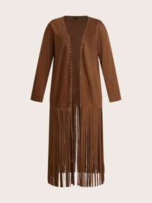 EMERY ROSE Áo khoác tay dài mỏng nhẹ đính hạt và tua rua cỡ lớn - màu nâu - Xem 5