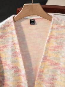 SHEIN Essnce Women Rainbow Long-Sleeved Mid-Length Cardigan Colorful Gradient Fluffy Knitted Cardigan Coat With Drawstring, Long Sleeve And Dual Pockets