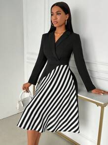 SHEIN Clasi Women's Elegant Long Sleeve Striped Printed Dress - Black - View 7