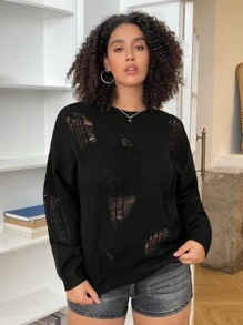 SHEIN EZwear 大码女式万圣节休闲百搭做旧镂空针织毛衣，秋冬 - 黑色 - 查看 5