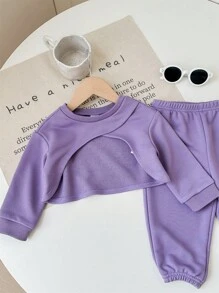 女宝宝休闲可爱针织字母印花无袖背心、短裤、长袖上衣和松紧腰裤套装 - 紫色 - 查看 4