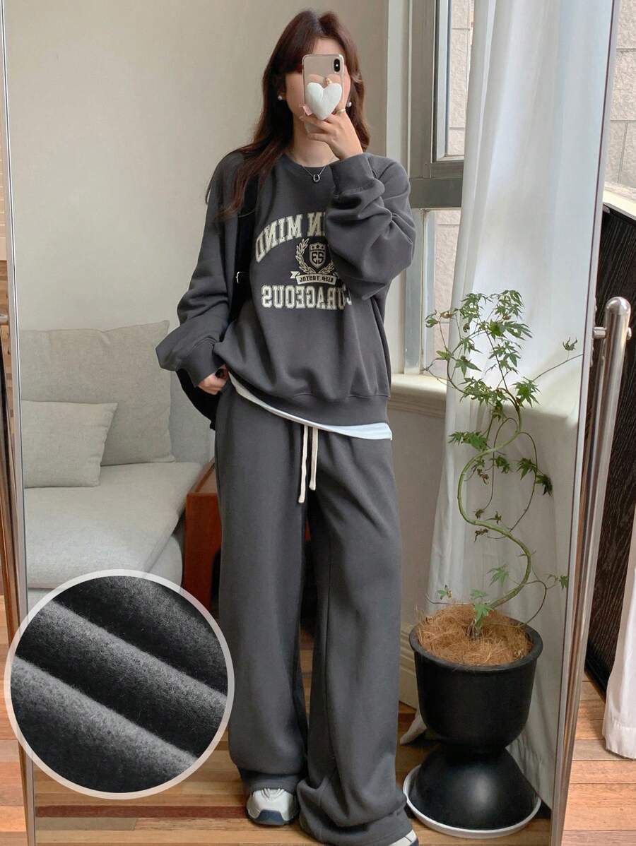DAZY 女士休闲宽松字母印花长袖卫衣和运动裤两件套，春秋季女士运动套装家居服套装 - 灰色 - 查看 1