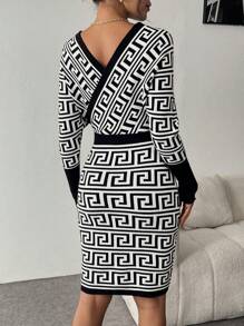 SHEIN Clasi Women V-Neck Long Sleeve All-Over Print Fitted Elegant & Charming Jacquard Sweater Dress - Black and White - View 2