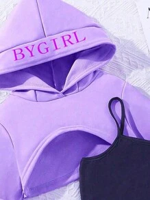 2pcs/Set Tween Girls Hoodie Crop Top And Letter Print Sleeveless Midi Dress