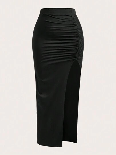 Sunspun Plus Size Solid Color Pleated Slit Skirt, Casual Daily Wear Maxi Women