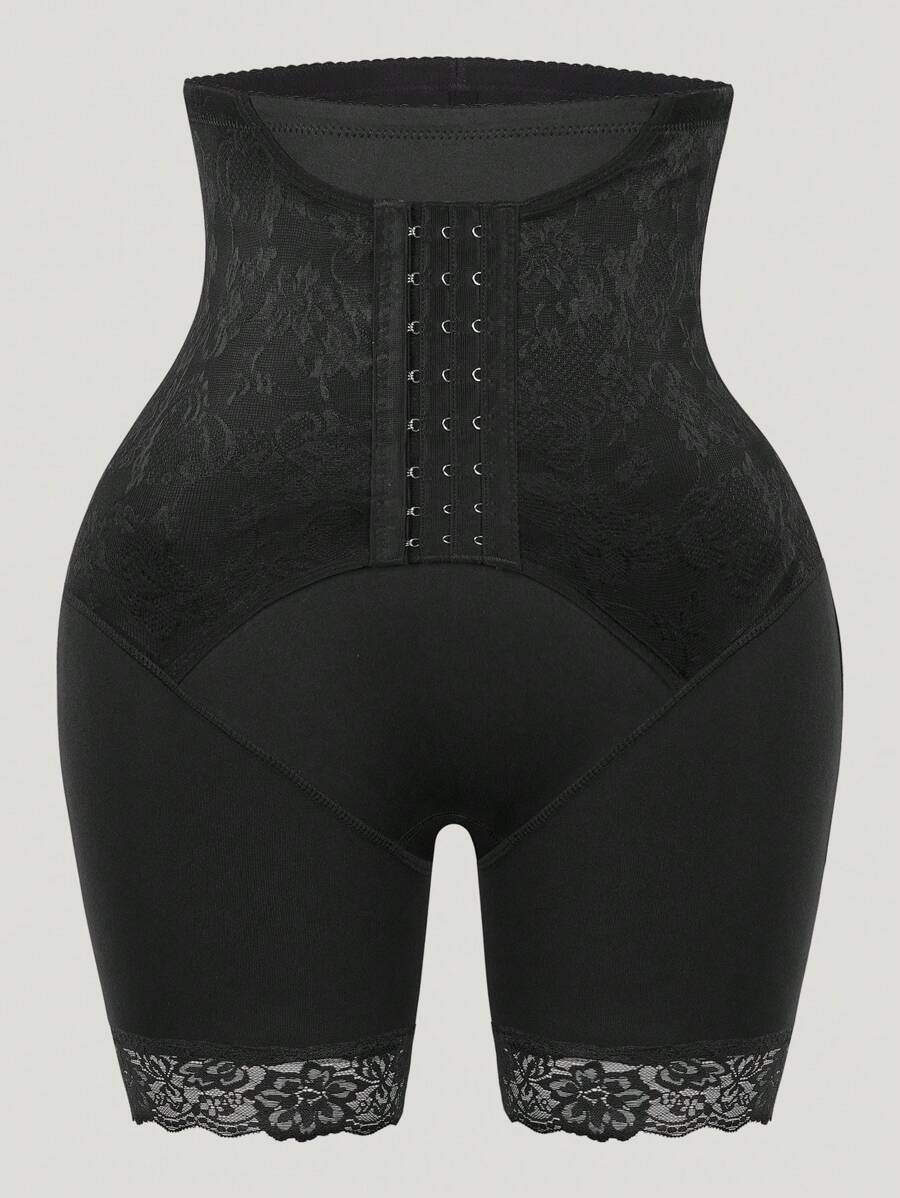 1pc Women Solid Color Lace Patchwork Slimming Shorts - Black - View 1