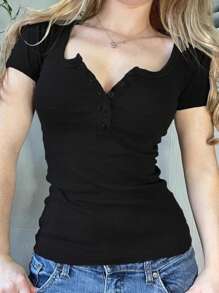 INAWLY Blusa de manga corta de unicolor negro con cuello redondo y botones delanteros para mujeres de talla grande