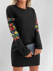 EURMUSE Floral Print Sweatshirt Dress Without Belt - Black - View 4