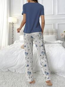 CottageSlumber Bộ đồ ngủ áo thun tay ngắn cổ tròn màu trơn và quần ống đứng in họa tiết toàn thân cho nữ - Màu xanh lam - Xem 2