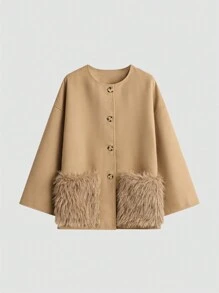 Chiquease Women's Fashion Elegant Crew Neck Button Long Sleeve Fur Pocket Design Brown Woolen Coat Fall Cloth For Women - Khaki - View 1