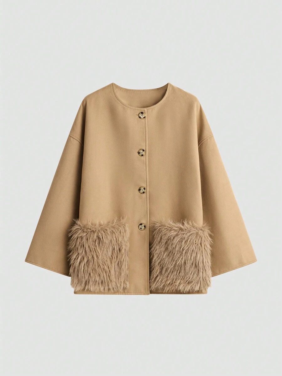Chiquease Women's Fashion Elegant Crew Neck Button Long Sleeve Fur Pocket Design Brown Woolen Coat Fall Cloth For Women - Khaki - View 1