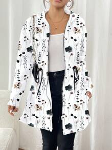SHEIN LUNE Damen Jacke mit durchgehendem Reißverschluss, ganzflächigem Blumen Muster, Kapuze, Lässig-Stil