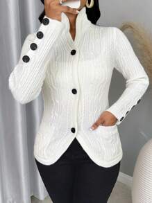 BamGleam Áo len cardigan nữ Áo len cardigan tay dài sọc bột chiên xoắn túi trắng cài nút rộng rãi cho bạn bè dự tiệc bốn mùa thu đông quần áo nữ, áo dài tay - trắng - Xem 5