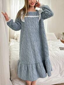 Camicia da notte in pile con bordo in pizzo e fiocco decorativo per le donne - blu polveroso - Visualizzare 6
