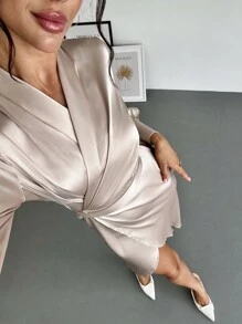 SHEIN Privé Women's Elegant Commute Cocktail Dress With Lapel, Belt, Slit, Long Sleeve, Mid-Length Fall Cloth For Women - Apricot - View 6