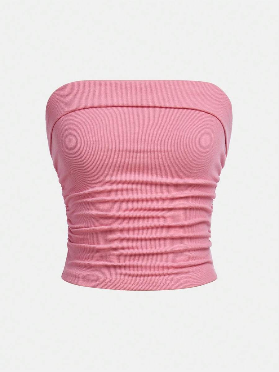 SHEIN Girlism Teen Girls Ruched Waist Knit Casual Cropped Tube Top - Watermelon Pink - View 1