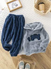 SHEIN 2 pièces/Ensemble Pull épais en polaire et pantalon, style preppy pour garçons enfants - Bleu azur - Voir 5