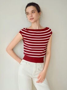 MOTF PREMIUM STRIPED PATTERN GOLD BUTTON SHOULDER BATWING SLEEVE WIDE HEM KNIT TOP - Red and White - View 3