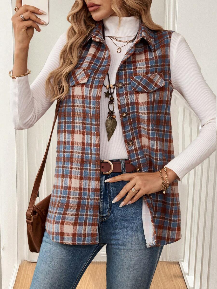 EMERY ROSE Women's Sleeveless Plaid Design Button Pocket Fashionable Woolen - Multicolor - View 1
