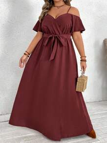 SHEIN VCAY Plus Size Women Solid Color Open Shoulder Dress With Belted
