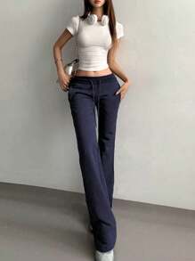 INAWLY Của phụ nữ Màu thuần Eo dây rút Pháo sáng Quần thể thao - Màu xanh hải quân - Xem 3