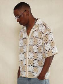 SUMWON Regular Fit Button Through Checkerboard Crochet Shirt - Multicolor - View 1