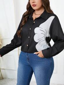 SHEIN Clasi Plus Size Women's Elegant Marble Print Long Sleeve Blouse Business Casual Woman - Black and White - View 5