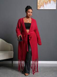 Slaydiva Veste d'hiver pour femmes grande taille, couleur unie, avec nœud papillon et manches à franges, couleur bordeaux - Rouge foncé - Voir 6