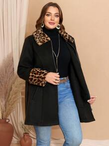 Plus Size Fall Curve Thanksgiving Women Leopard Print Patchwork Woolen Overcoat, Autumn Winter - Black - View 5