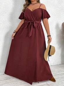 SHEIN VCAY Plus Size Women Solid Color Open Shoulder Dress With Belted