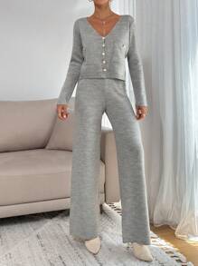 EURMUSE 2pcs/Set Front Button Placket Long Sleeve Pocket Casual Top And Pants Outfit - Grey - View 2