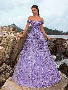 Faeriesty Off-Shoulder Sweetheart Neck Sequin Prom Dress - Purple - View 7
