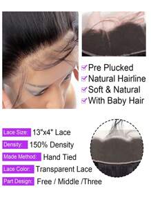 1pc Lace Frontal Closure 13X4 Straight Frontal Virgin Human Hair 13x4 Ear To Ear Transparent Lace Frontal With Pre Plucked Baby Hair 12A 150% Density Free Part Full Lace Frontal  For Women