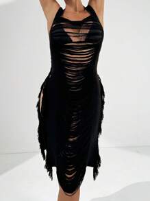 SHEIN Swim 女士黑色方领镂空高开叉长款罩衫连衣裙夏季 - 黑色 - 查看 5