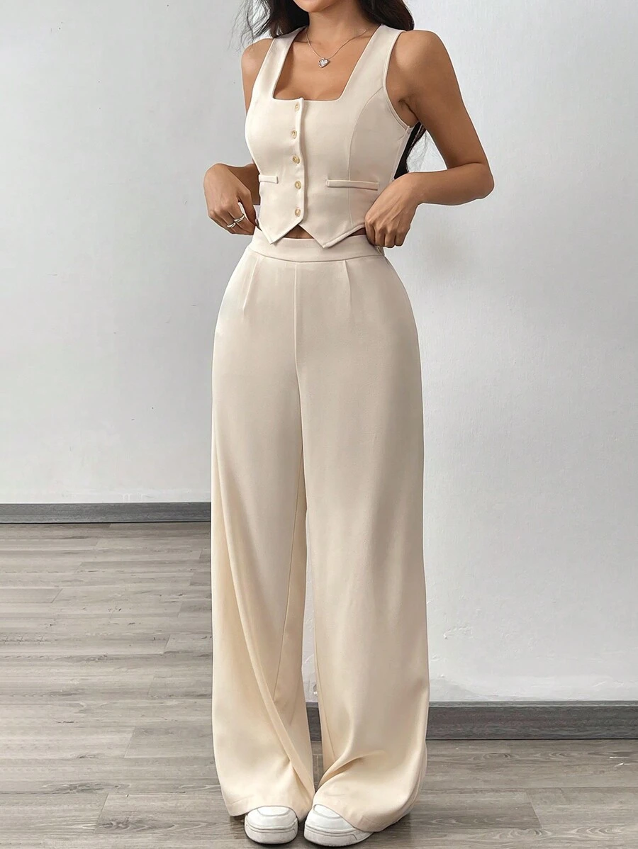 SHEIN EZwear 2 件套女士杏色方领无袖开衫上衣和休闲宽松阔腿裤套装 - 杏色 - 查看 1