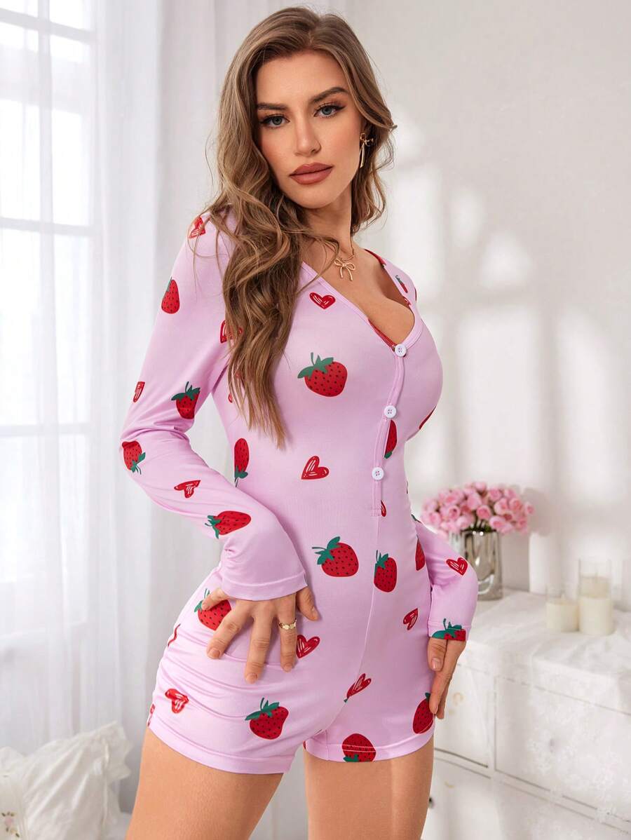 SHEIN Casual Underwear&Sleepwear 心形草莓印花女士连体睡衣，舒适优雅的细节设计，秋冬款 - 彩色 - 查看 1