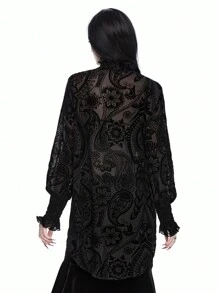 ROMWE Goth 哥特式吸血鬼宫廷风格中性款植绒透明女式衬衫 - 黑色 - 查看 3