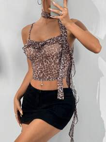 Lunelith SHEIN Lunessa Damen Spaghetti-Träger Camisole Top mit Leopardenmuster, rückenfreien Schnitt und Rüschendetails