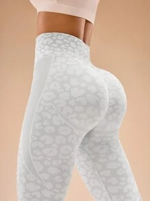 Gameset SHEIN Sport Leggings senza cuciture da donna in jacquard con stampa leopardata grigia e bianca, adatti per lo yoga