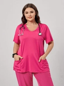 SHEIN TaskFit 加大码弹力针织 V 领双贴袋短袖手术服上衣护理手术服制服上衣 - 玫紅色 - 查看 4
