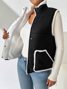 SHEIN Essnce Chaleco sin mangas con botones delanteros, ribete de contraste y parches de piel, para uso casual