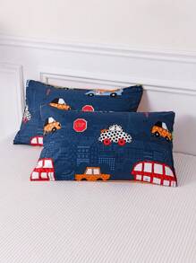 3 件汽车图案印花羽绒被套套装，可爱卡通返校宿舍床上用品套装，四季皆宜，柔软透气，可机洗（1 个羽绒被套 + 2 个枕套）