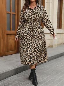 SHEIN LUNE Plus Size Women Leopard Print Long Sleeve Dress - Coffee Brown - View 3