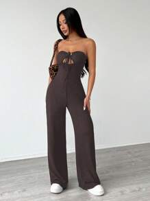 Flirla Women's Backless Lace-Up Hollow Open-Back Textured Y2K Sexy Strapless Jumpsuit - Coffee Brown - View 4