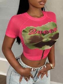 Slaydiva Streetwear décontracté et sexy, t-shirt à col rond à impression florale tout-aller rose rouge, blouse transparente à imprimé maillé pour femmes
