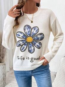 SHEIN LUNE 花卉字母图案圆领长袖毛衣，针织套头衫，秋冬款 - 白色 - 查看 6