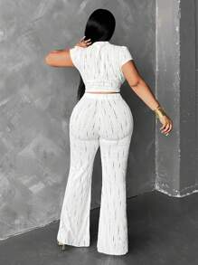 Allurite 2 piezas/Set Top de manga corta y pantalones de estar en casa de punto calado, talla grande - Blanco - Ver 2