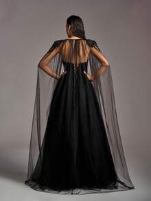Faeriesty Bride Strapless Women's Wedding Dress With Detachable Tulle Cape, Elegant Lace-Adorned Bodice And Flowing A-Line Skirt. Perfect For Wedding Ceremonies, Bridal Photoshoots, Wedding Receptions, Church Weddings, And Destination Weddings. - Black - View 2