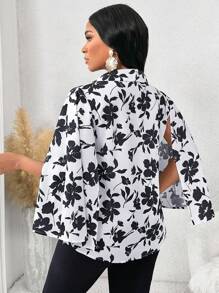 SHEIN Lady 四季夹克秋季女装服装秋季女装优雅办公室女士夹克黑白编织印花女士薄夹克 - 黑與白 - 查看 2