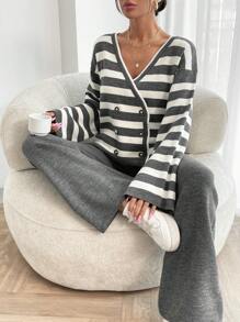 EURMUSE Women Stripe Pattern Front Button V-Neck Drop Shoulder Cardigan & Sweater Pants Set - Grey - View 2